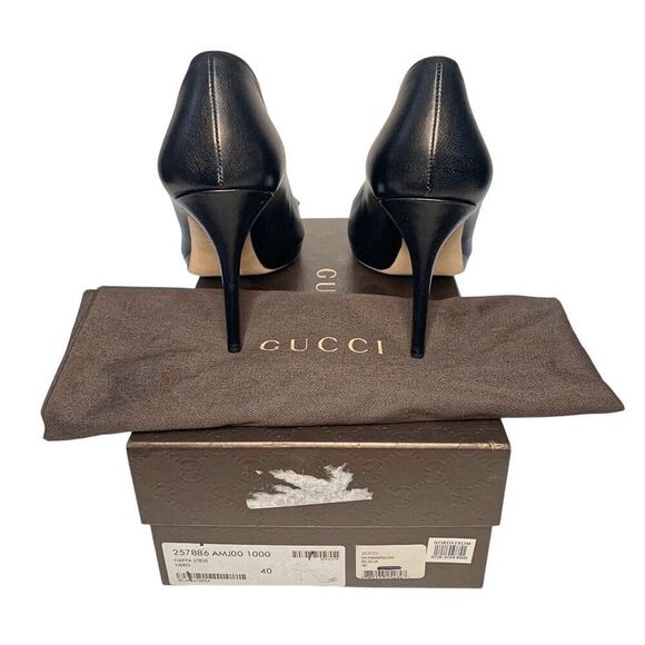 Gucci Black Nappa Leather Silver Horsebit Pumps EU 40 US 10 Peep Toe High Heels - Picture 5 of 10